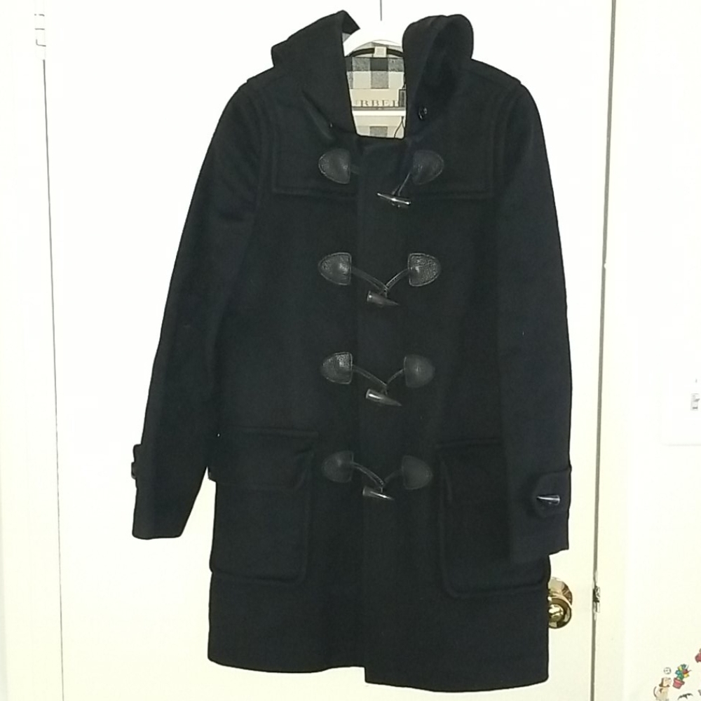Burberry Black Hooded Wool Toggle Duffle Coat